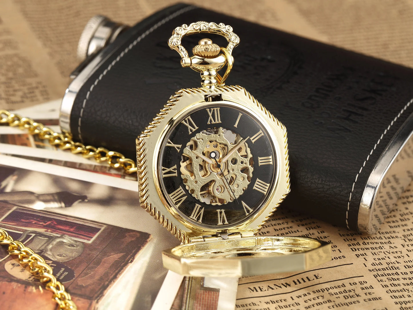 Classic Steampunk Skeleton Mechanical Pocket Watch.