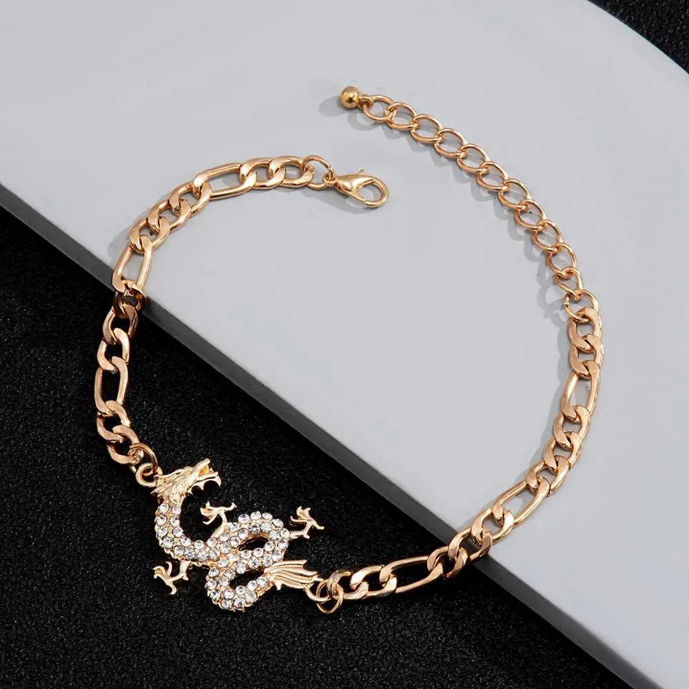 PuRui Kpop Luxury Crystal Dragon Pendant Bracelet for Women Men Gold Color Metal Cuban Link Chain Bracelet Unisex Wrist Jewerly