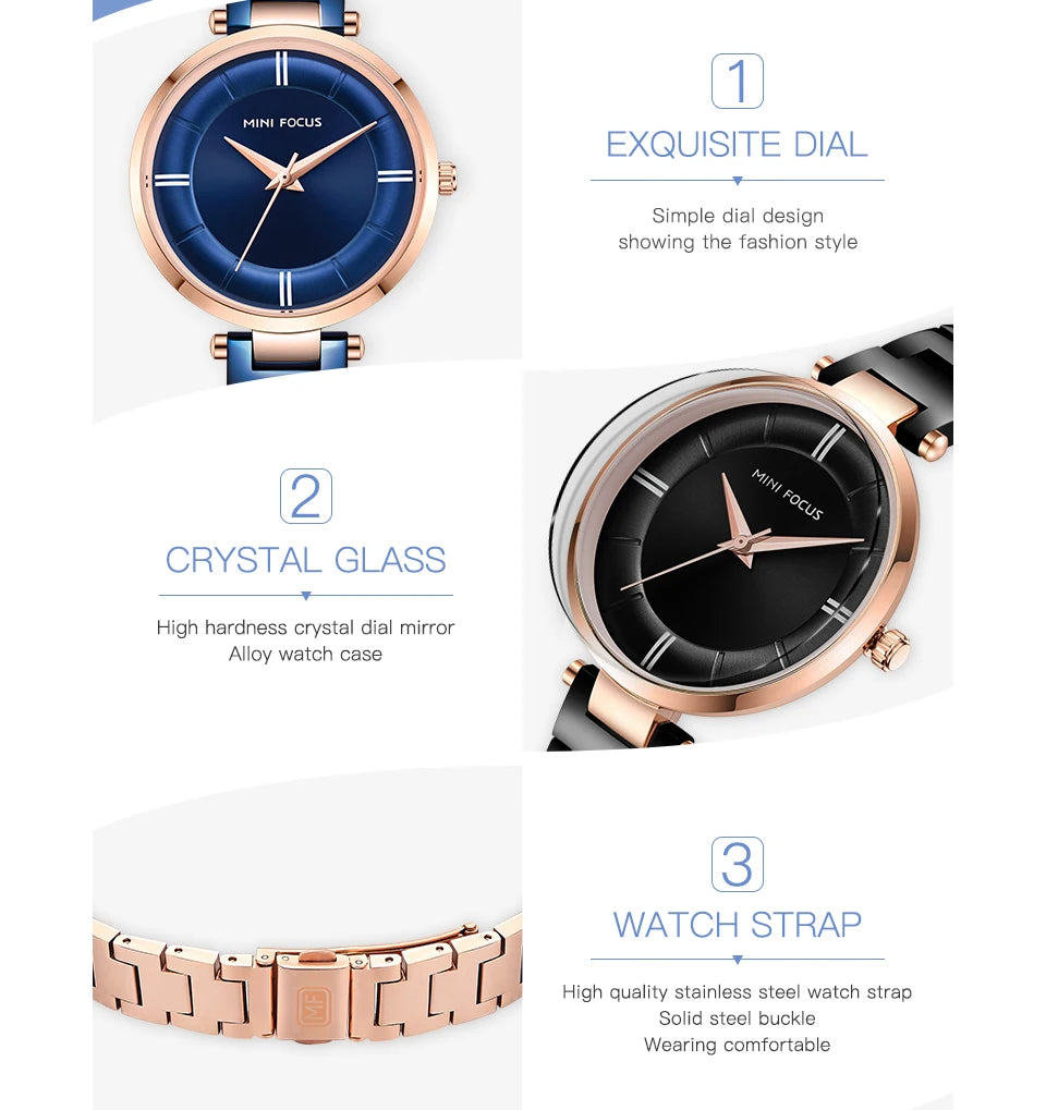 MINI FOCUS 2019 Fashion Elegant Ladies Watch Blue Stainless Steel Strap Rose Golden Bezel Top Brand Luxury Dress Women Watches