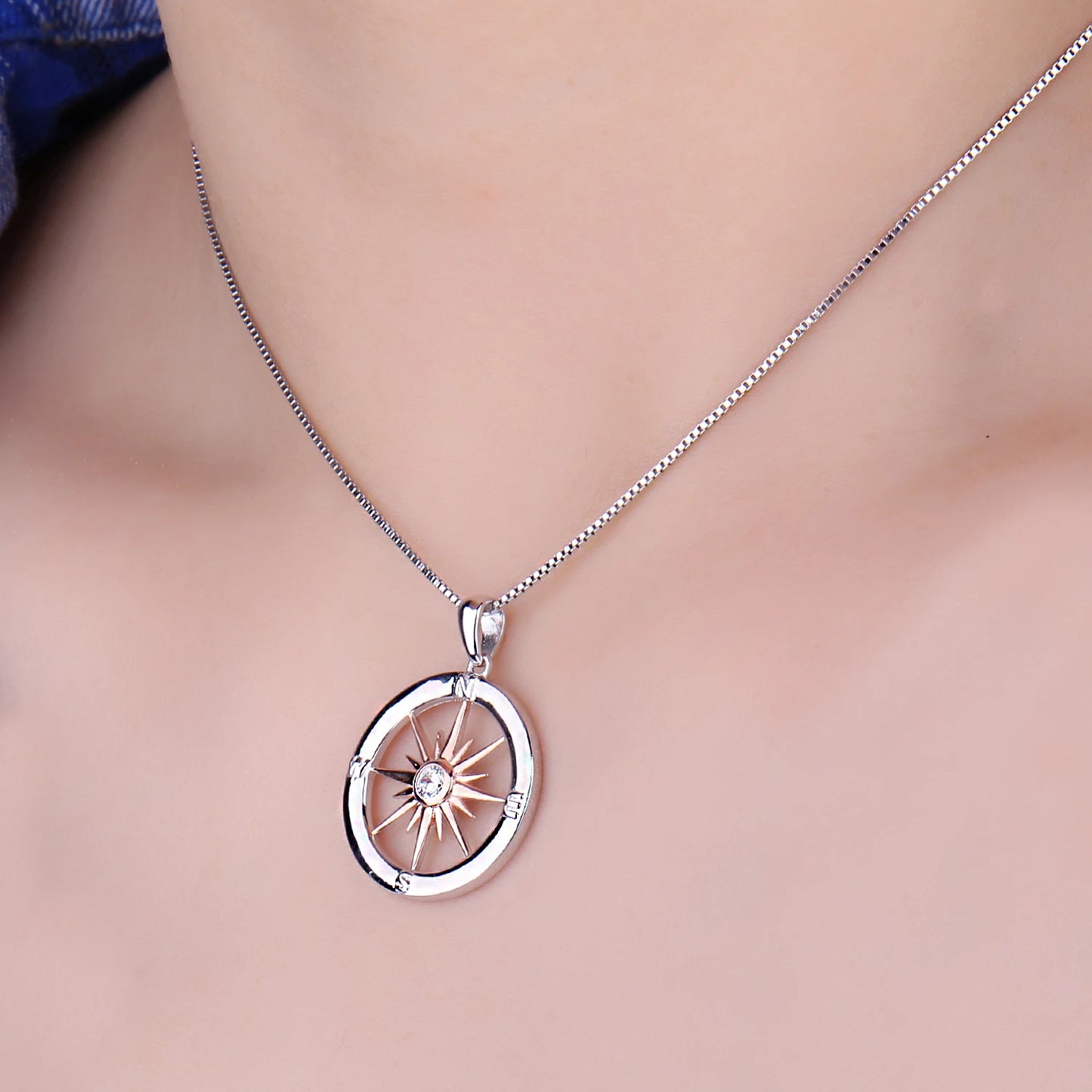 JewelryPalace Sun Star Compass Circle 925 Sterling Silver Rose Gold Pendant Necklace Women Round Cubic Zirconia Pendant No Chain