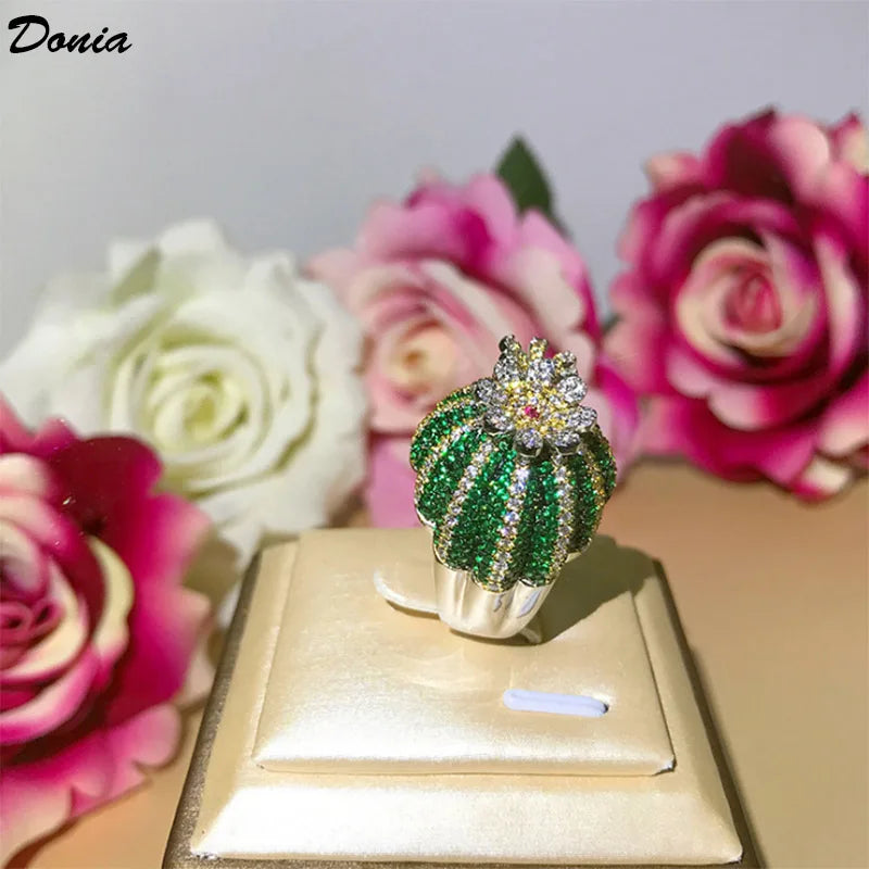 Donia Jewelry Fashion New Titanium Micro-Inlaid Green AAA Zircon Flower Opening Ring Cactus Rotating Classic Lady Gift