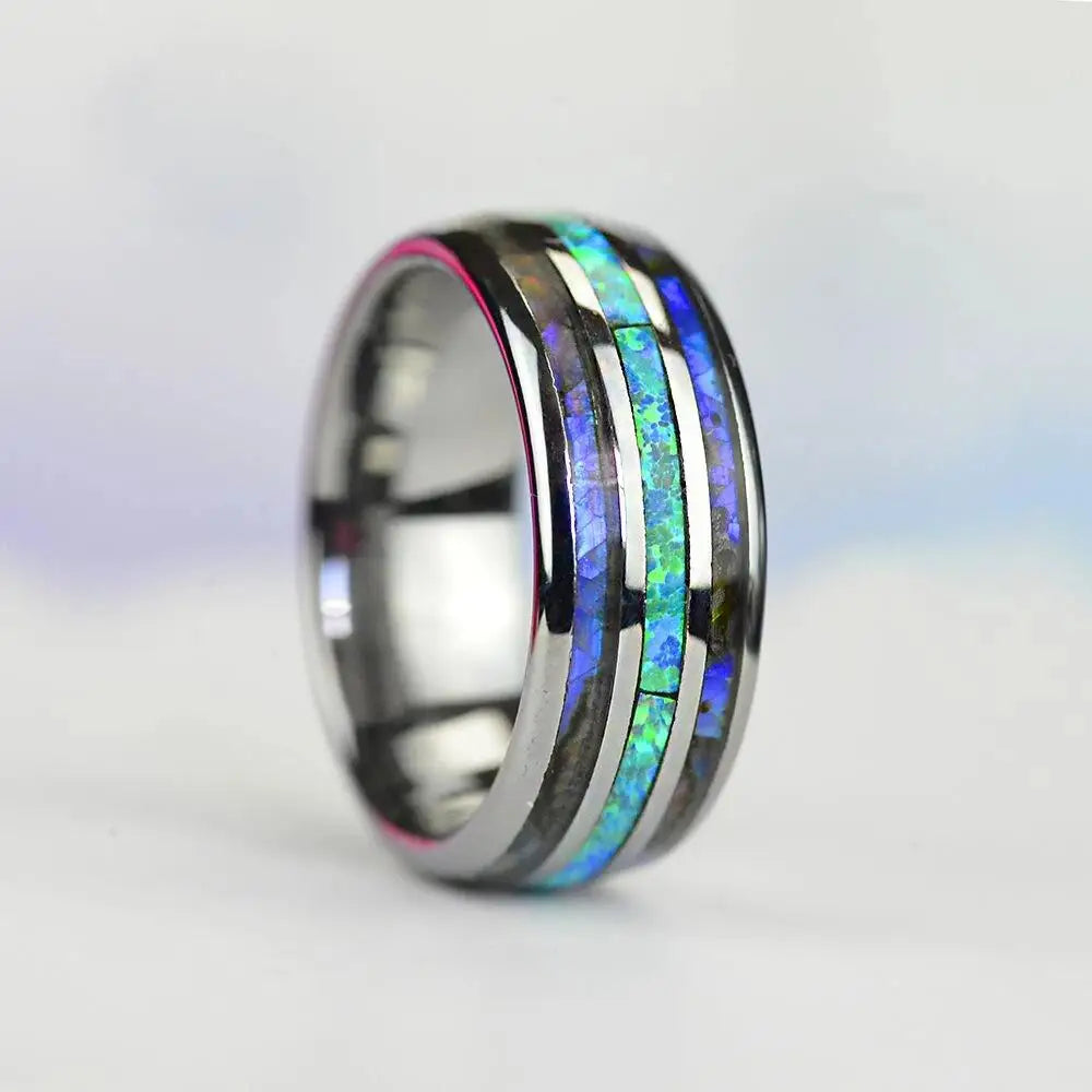 Rose Gold Color Tungsten Wedding Men Stainless Steel Rings Inlay Abalone Shell Blue Opal Rings Men Wedding Jewelry