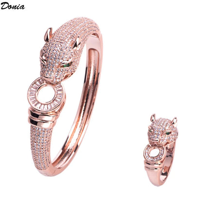 Donia Jewelry European and American retro copper luxury AAA zircon leopard bracelet ring set men&