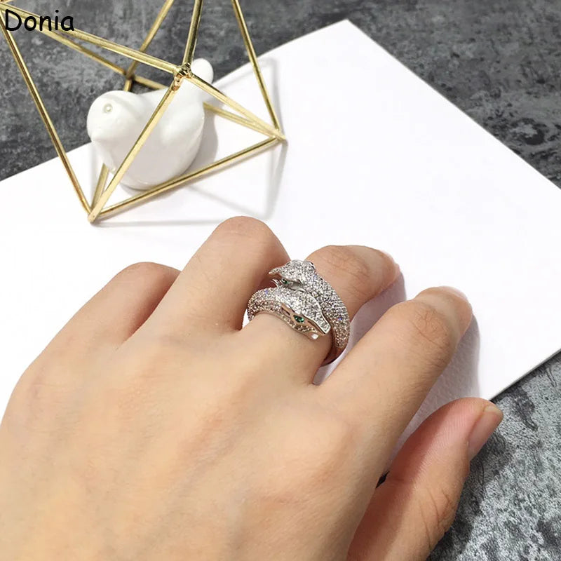 Donia jewelry European and American fashion double panther head copper micro-inlaid zircon ring animal ring luxury ring