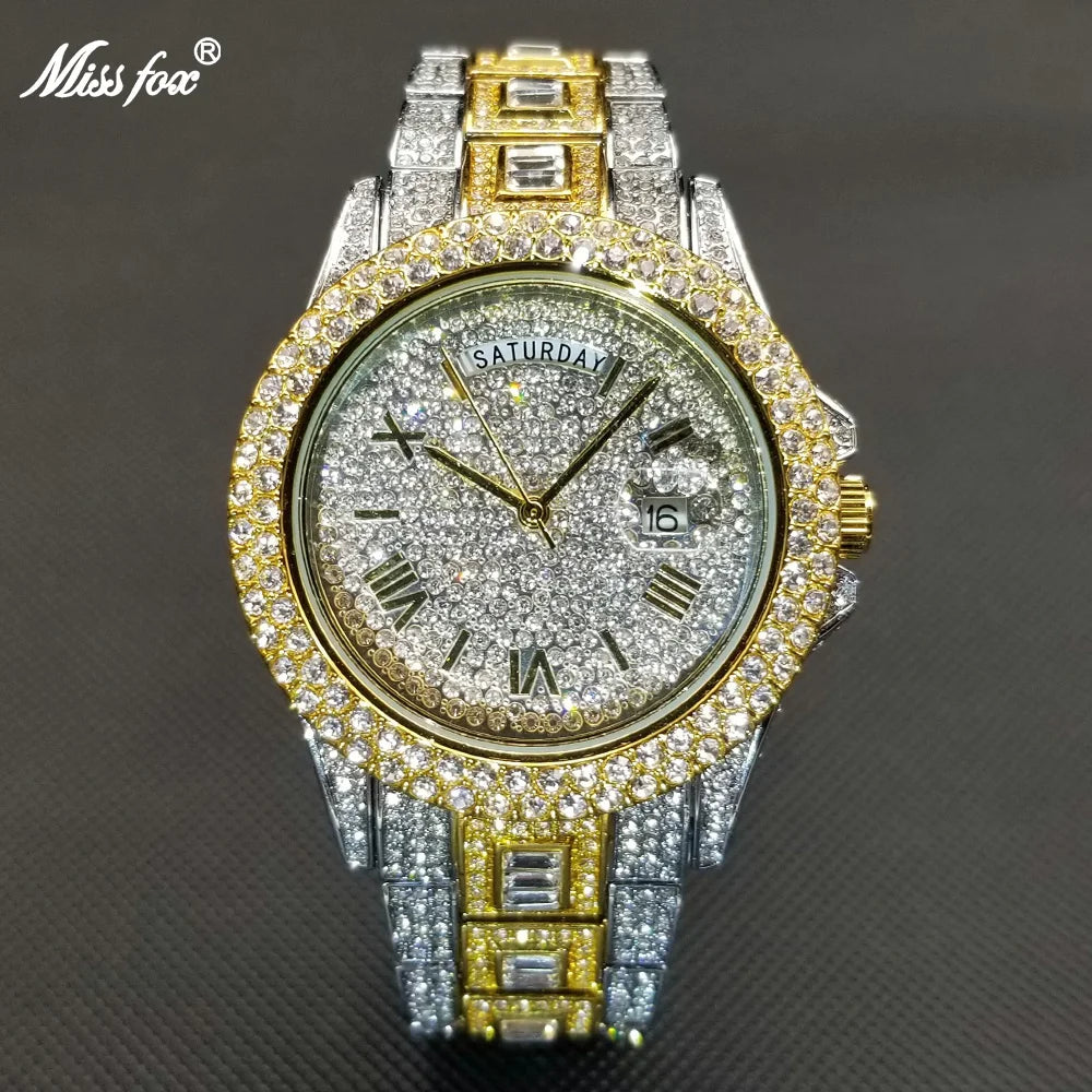 MISSFOX Diamond Mens Watches Luxury Silver.