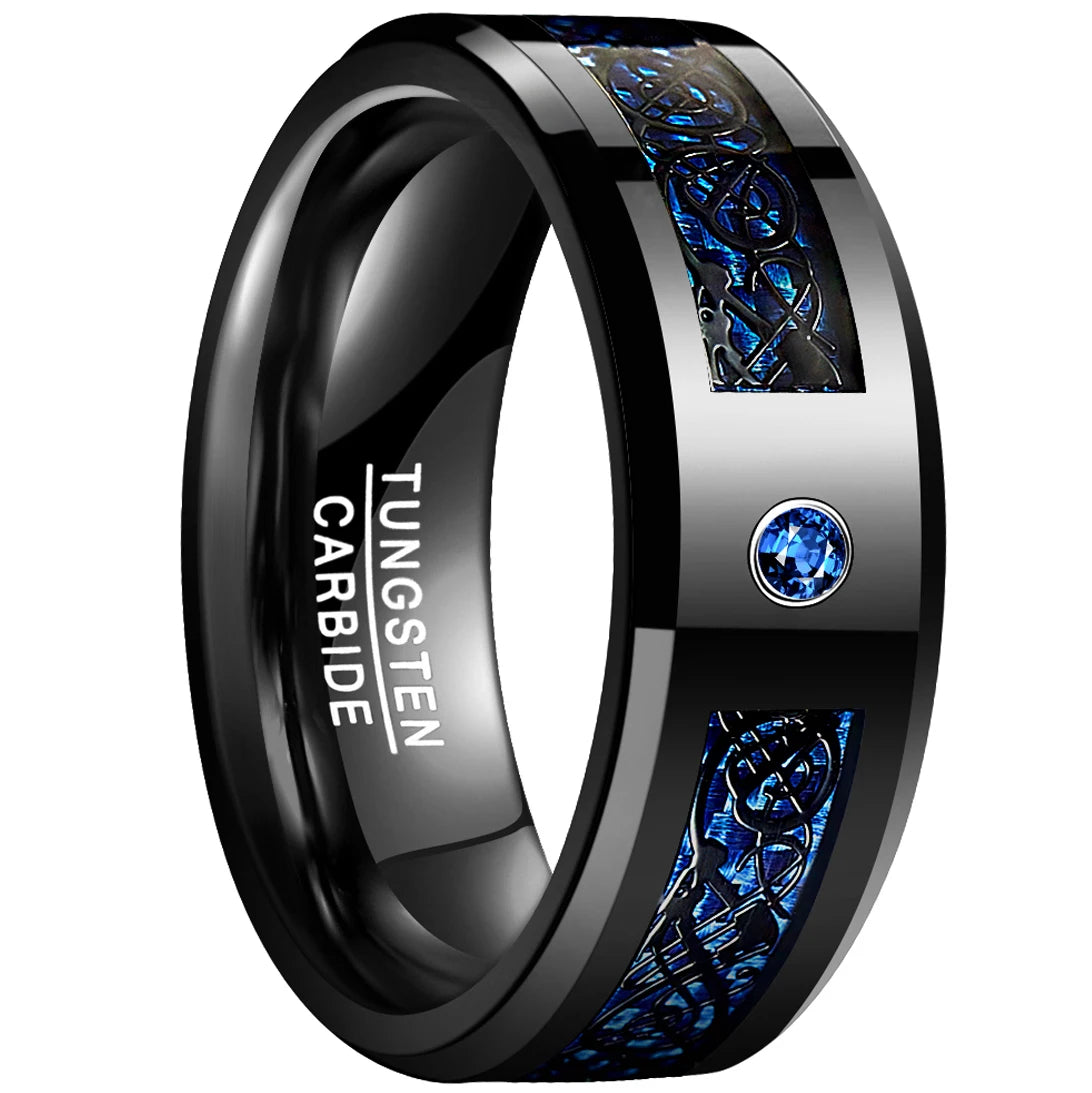 Foreign Trade Carbon Fiber Scrub Blue Zircon Men Rings 100% Tungsten Carbide Anillos para hombres Black Dragon