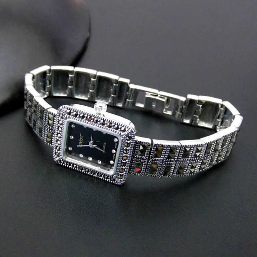 Silver Jewelry Woman Bracelet Watch Thai silver Retro Tungsten Diamond Watch Ladies New Silver Bracelet High Quality Giftt