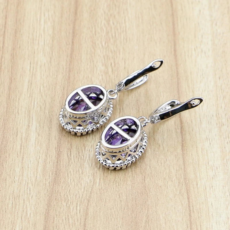 Oval Purple Zircon Stones Dangle Earrings Silver Color  Jewelry Drop Earring For Women Free Gifts Box