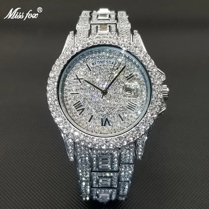 MISSFOX Diamond Mens Watches Luxury Silver.