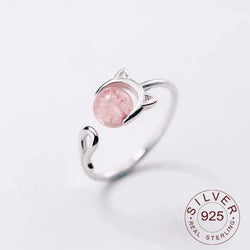 Silver Cat Strawberry Stone Personality Ring.