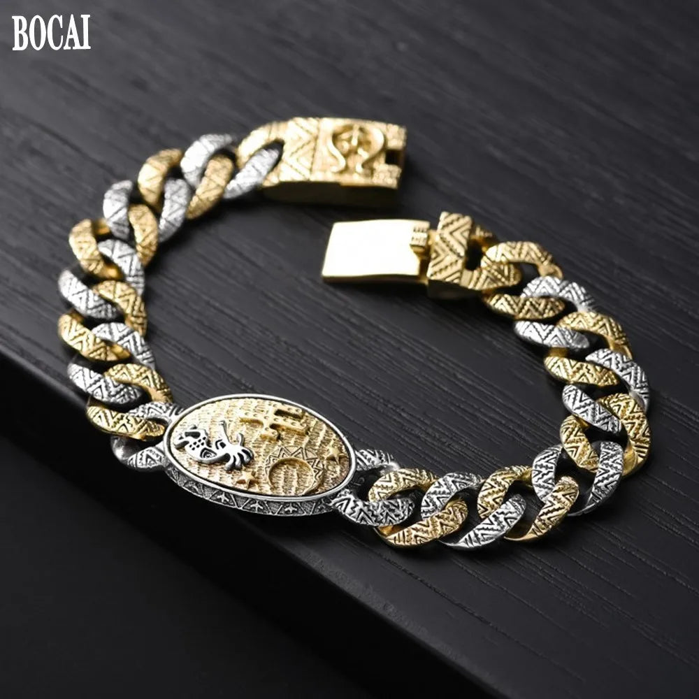 BOCAI New solid s925 sterling silver man bracelet vintage Thai silver wide version domineering trendy human chief bracelet