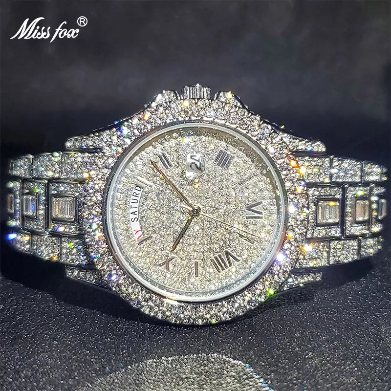 Relogio Masculino Luxury MISSFOX Ice Out Diamond Watch Multifunction Day Date Adjust Calendar Quartz Watches For Men Droshipping