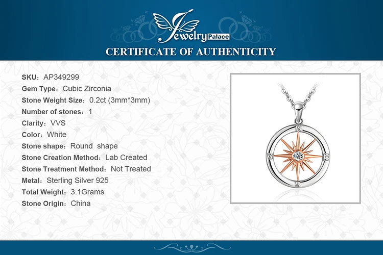 JewelryPalace Sun Star Compass Circle 925 Sterling Silver Rose Gold Pendant Necklace Women Round Cubic Zirconia Pendant No Chain