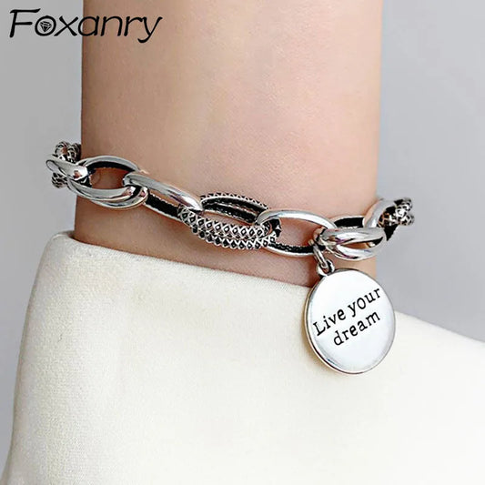 Silver ColorThick Chain Charm Bracelet for Women Vintage English Letter Round Tag Thai Silver Bride Jewelry Gift