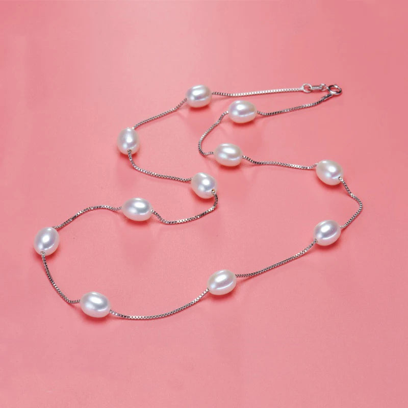 Silver Pearl Necklace - Natural Freshwater Pearl.