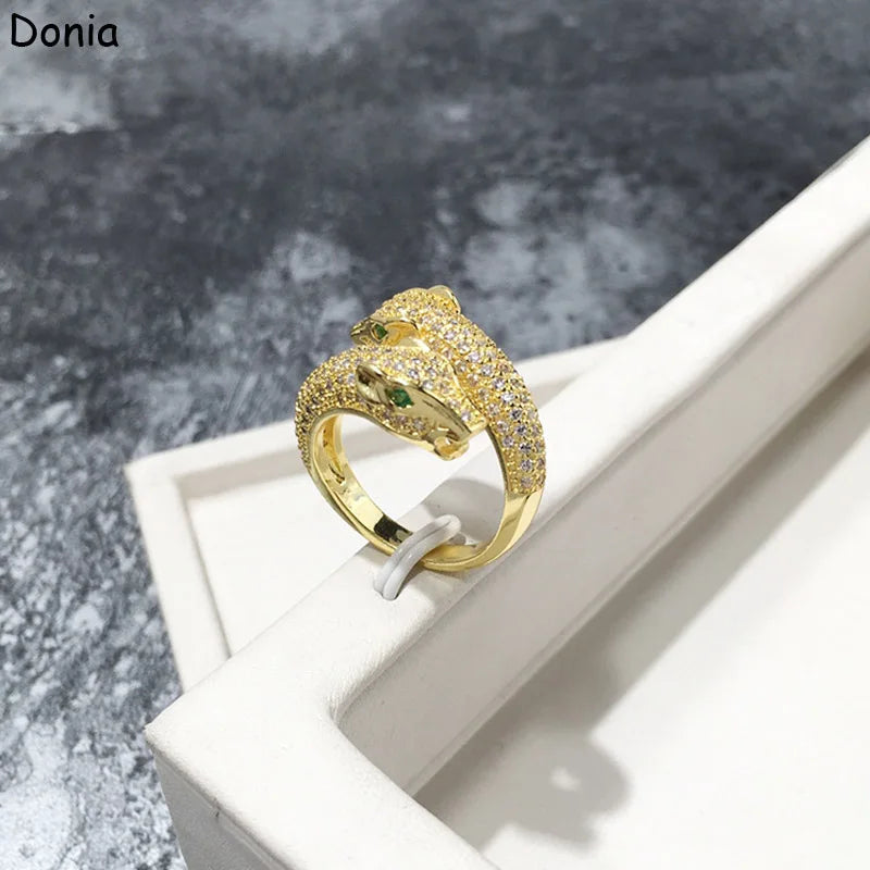 Donia jewelry European and American fashion double panther head copper micro-inlaid zircon ring animal ring luxury ring