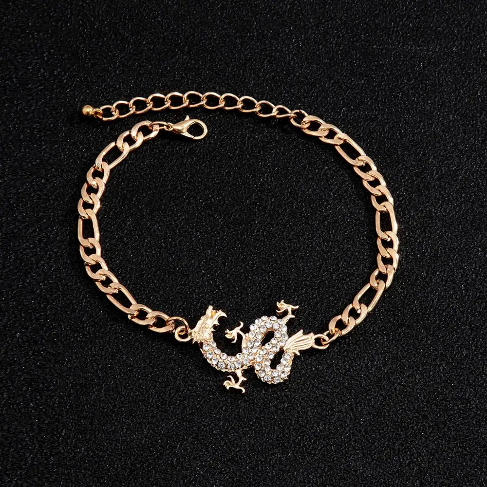 PuRui Kpop Luxury Crystal Dragon Pendant Bracelet for Women Men Gold Color Metal Cuban Link Chain Bracelet Unisex Wrist Jewerly