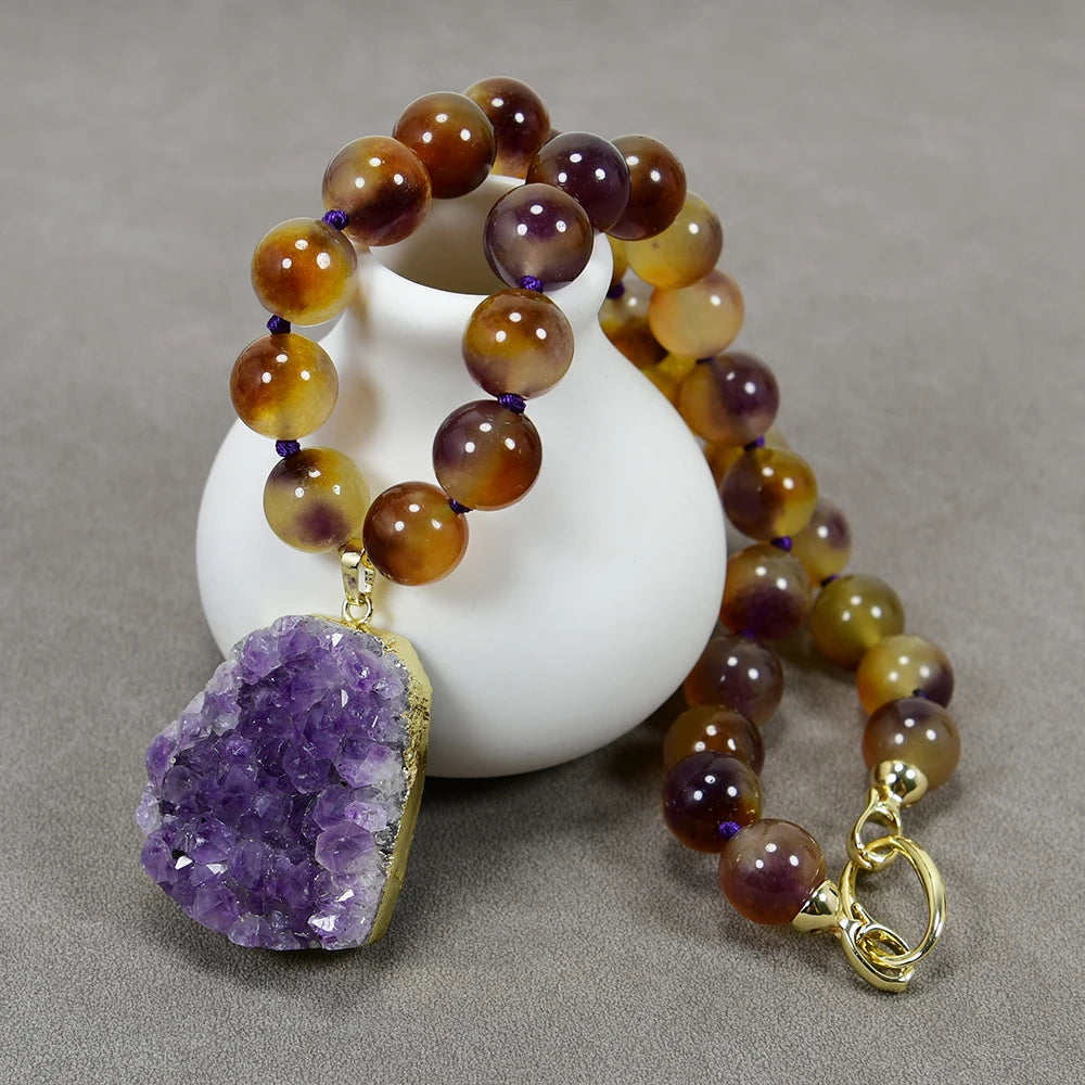 G-G 12mm Mix Color Brown Jade Smooth Round Strand Beads Necklace Amethyst Quartz Rough Geode Pendant Jewelry Gift For Lady