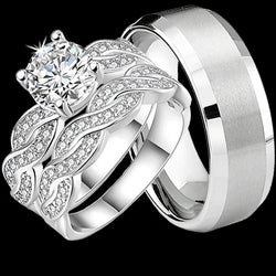 His & Hers Couple Gifts Womens 2PCS Infinity CZ Bridal Ring Sets Mens Stainless Steel Wedding Band Ring