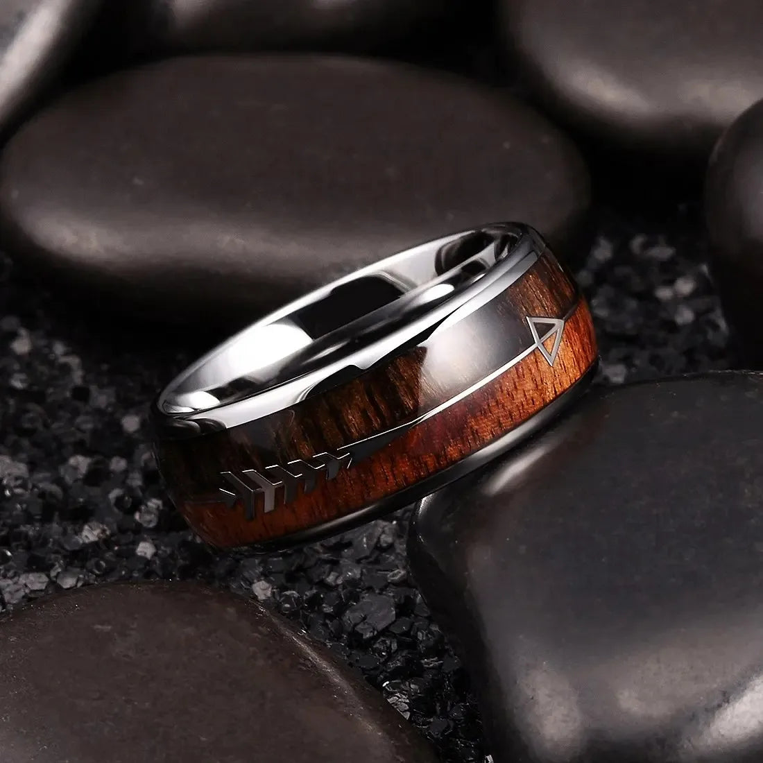 Fashion Silver Color Stainless Steel Arrow Rings for Men Women Inlaid Hawaiian Koa Wood Rings Men Wedding Band Jewelry Gifts