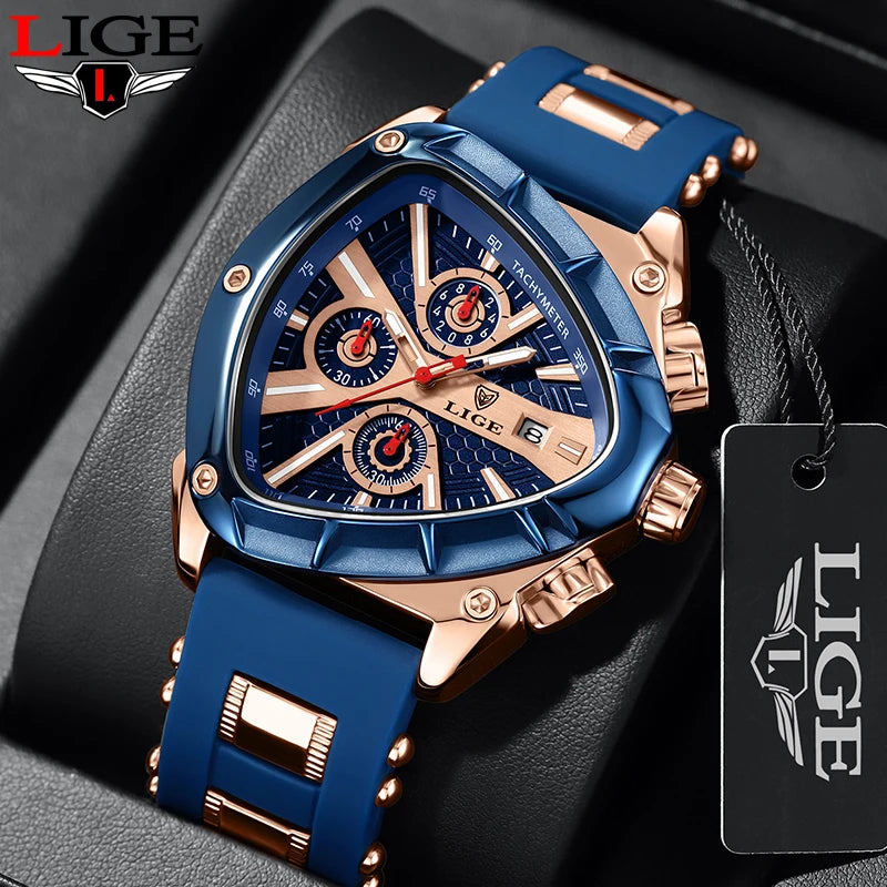 LIGE Fashion Men Watch Triangle Chronograph Military.