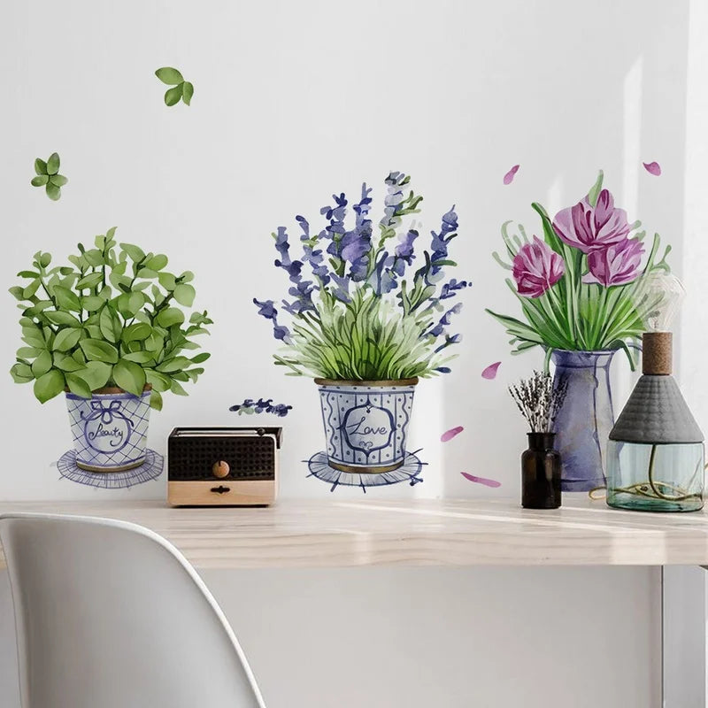 3pcs Watercolor Flower Pots Wall Stickers!