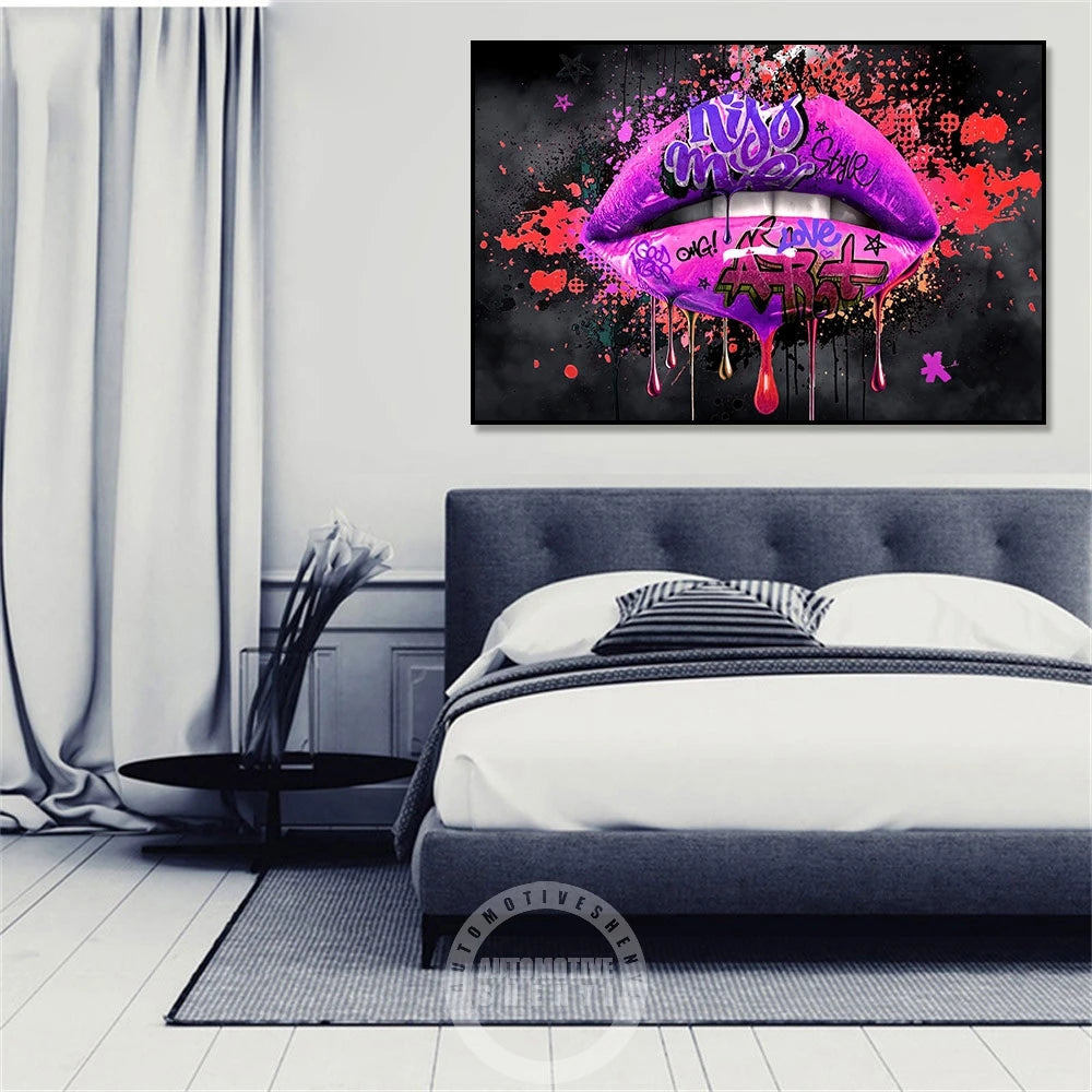 Kiss Me Graffiti Lips Pop Art Canvas Painting Abstract Love Poster And Print Art Wall Pictures For Living Room Home Decoration