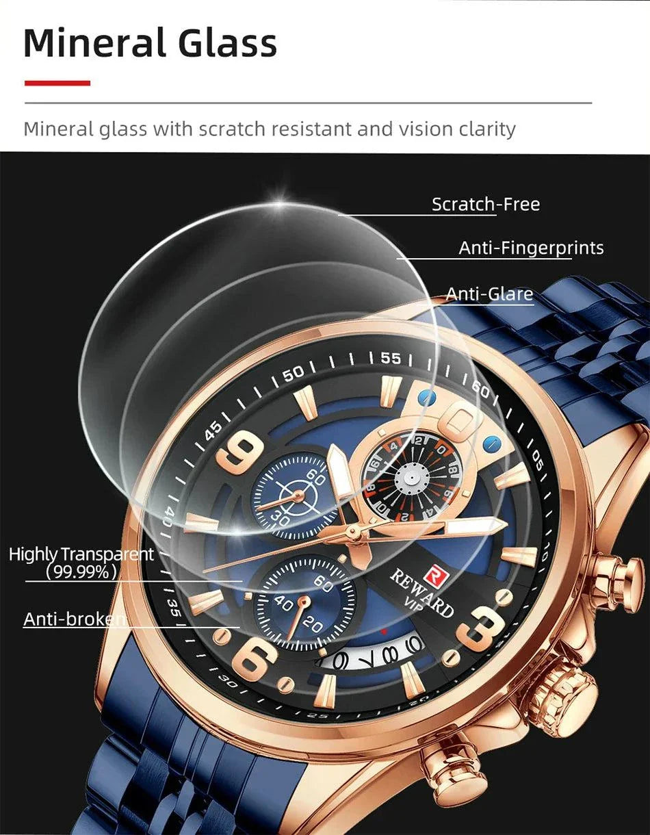 REWARD New Mens Watches Stainless Steel Luxury Waterproof Chronograph