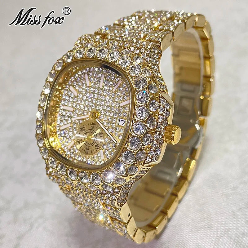 Hip Hop Brand MISSFOX Fashion Iced Out Watches Men Luxury Full Diamond 18K Gold Automatic Date Clock Steel Waterproof Watch Male