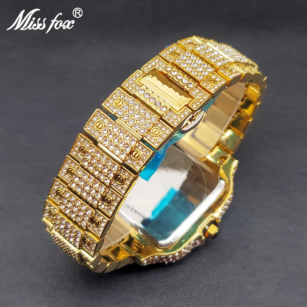 Gold Men Watches Luxury Diamond Quartz.