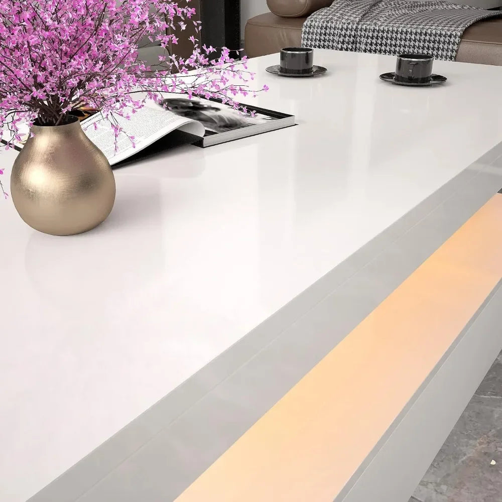 LED Coffee Table - White Modern High Gloss Coffee Table with RGB Light