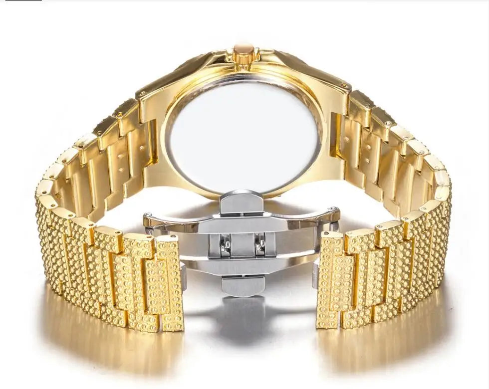 Men Watch Hip Hop Iced Out Gold Color Watch .