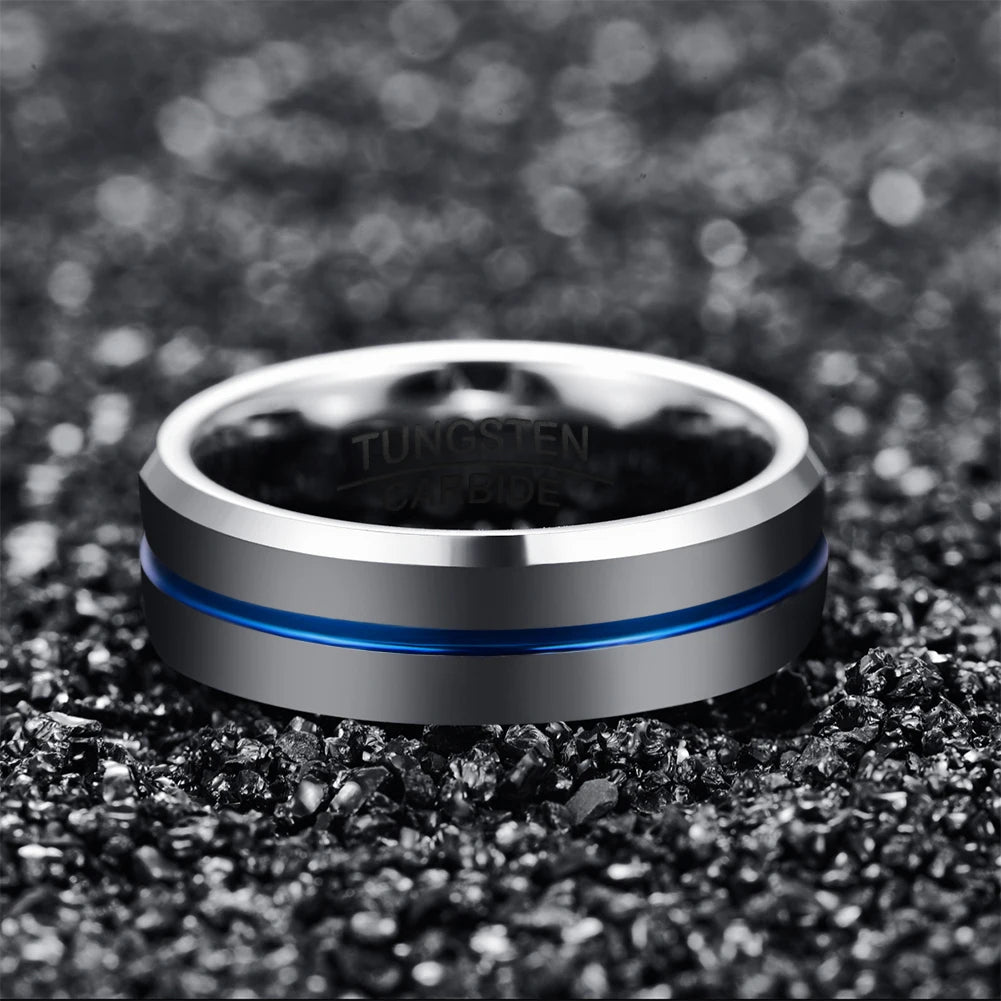 Width Tungsten Carbide Ring Thick Steel Color Full Polished Blue Groove with Angled Men's Ring T185R