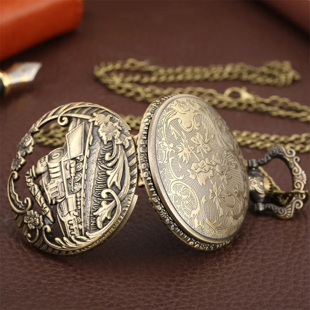 Vintage Retro Bronze Hollow Train Locomotive Steampunk Quartz Pocket Watch Women Men Necklace Pendant with Chain Birthday Gift