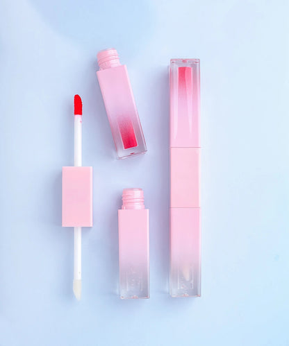 Custom 7colors Gradient Pink Tube Lipgloss Non-stick Cup Matte Waterproof 2in1 Double-head Long Lasting Hydrating Lip Oil Makeup