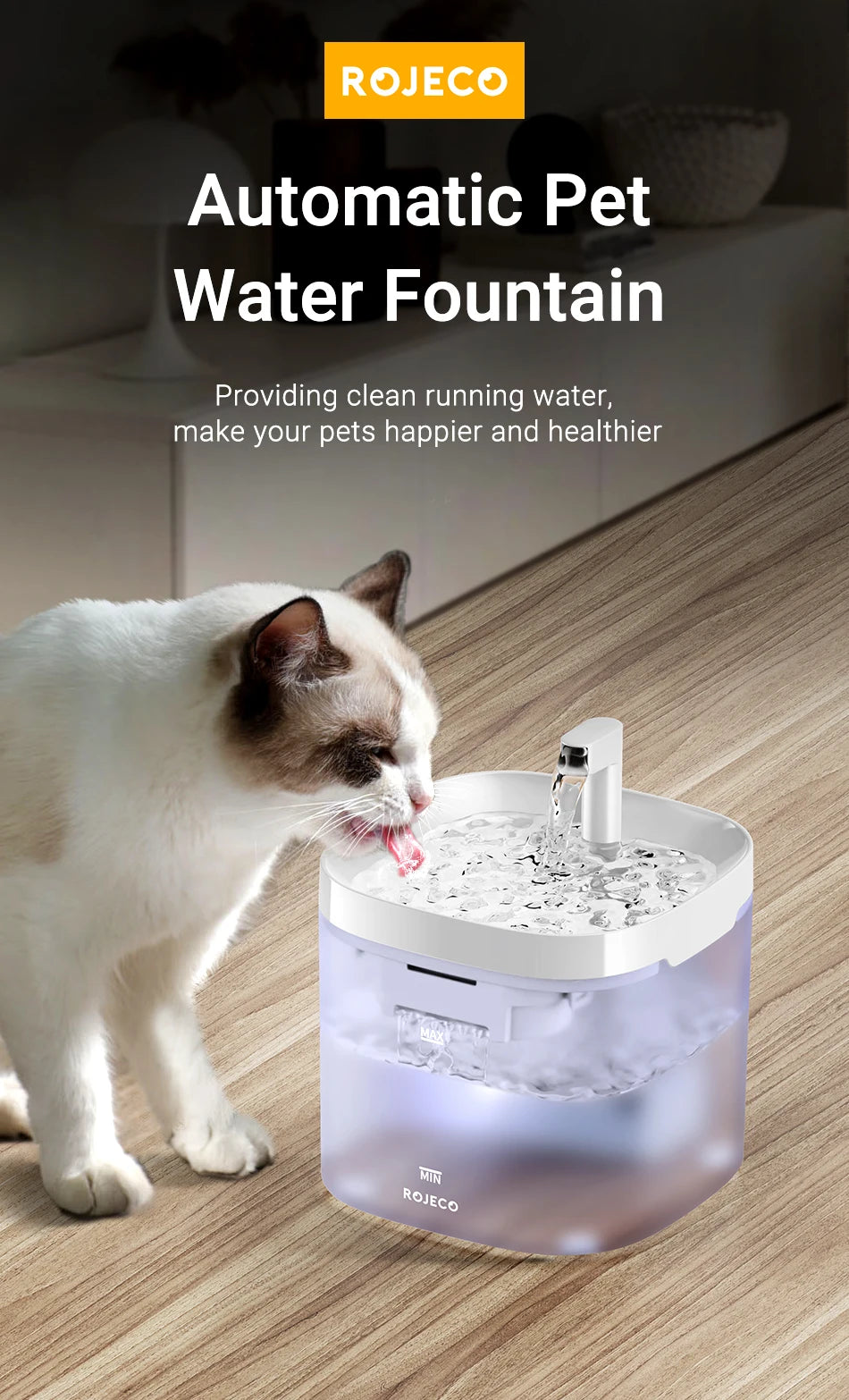 ROJECO Transparent Cat Water Fountain Automatic Pet Water Dispenser for Cats Dog Smart Drinking Fountain Purifier Accessories