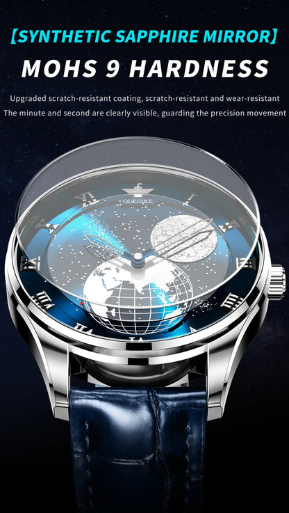 OUPINKE 3230 Men Watch Luxury 3D Earth Starry Sky Moon Phase Rotating Dial Business Waterproof Men Automatic Mechanical Watch