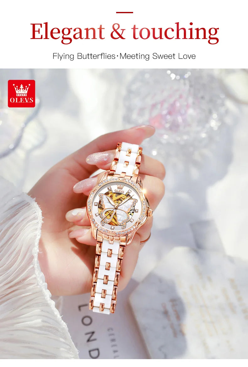 OLEVS 6622 Diamond Luxury Woman Automatic Watch Butterfly Original Mechanical Watch For Women Waterproof Luminous Hand Clock