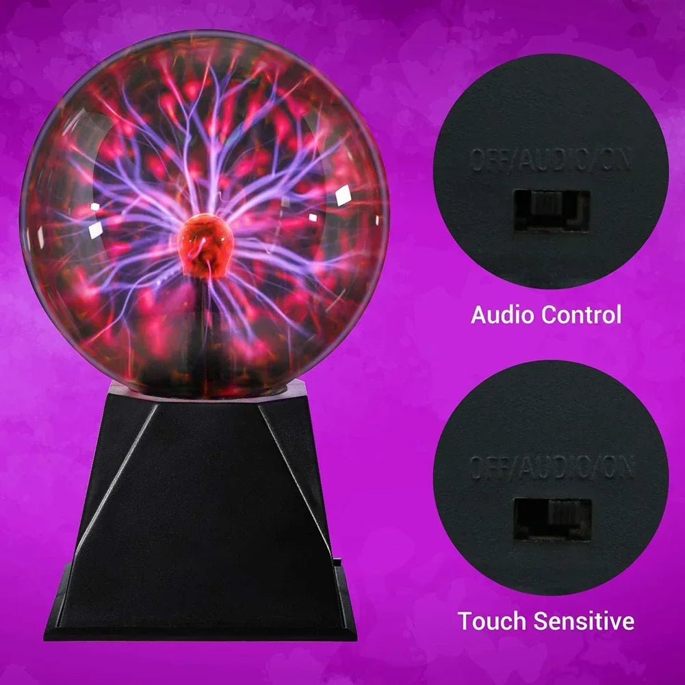 3/8 Inch Sound Control Magic Plasma Ball Lamp LED with touch sensitive and audio control features against a vibrant purple background