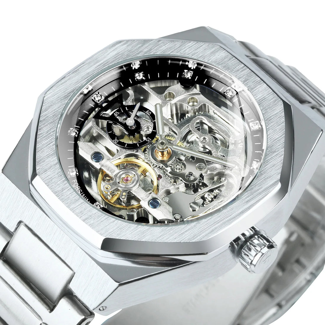 Forsining Silver Automatic Watch Men 3D Diamond.