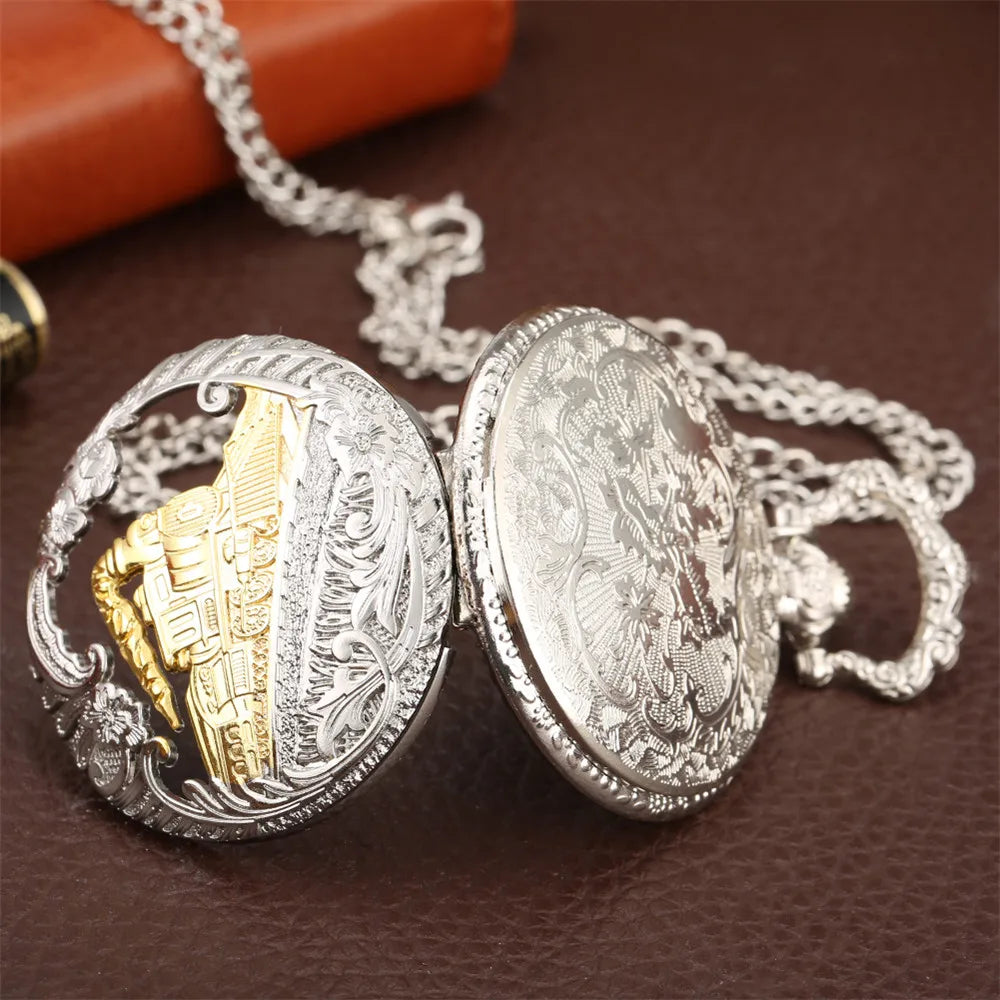 Vintage Retro Bronze Hollow Train Locomotive Steampunk Quartz Pocket Watch Women Men Necklace Pendant with Chain Birthday Gift