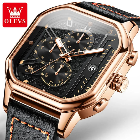 OLEVS 9950 Quartz Great Quality Square Men Wristwatch Fashion Genuine Leather Strap Waterproof Watches for Men Luminous Calendar