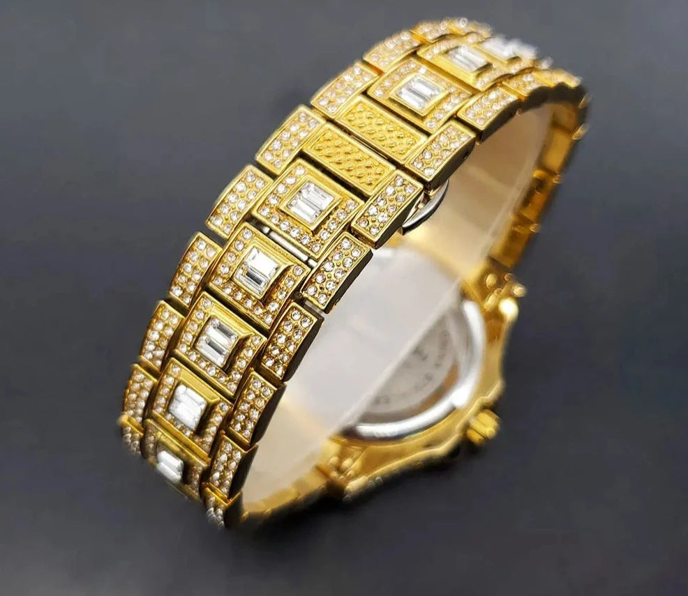 Waterproof Watch Rainbow Diamond Luxury Gold.