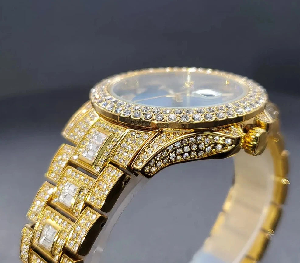 Gold Men's Watch Diamond Luxury Bracelet.