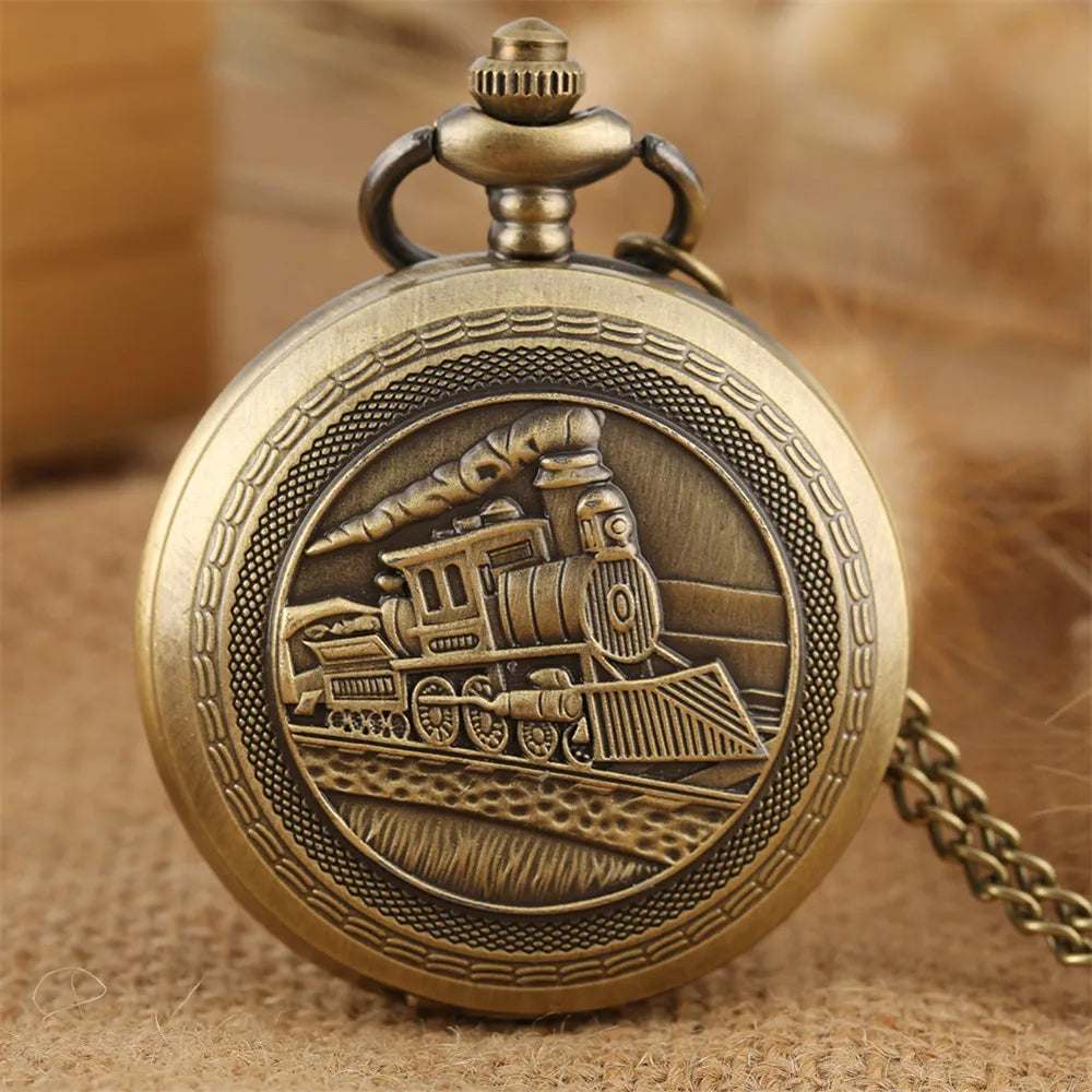 Vintage Retro Bronze Hollow Train Locomotive Steampunk Quartz Pocket Watch Women Men Necklace Pendant with Chain Birthday Gift