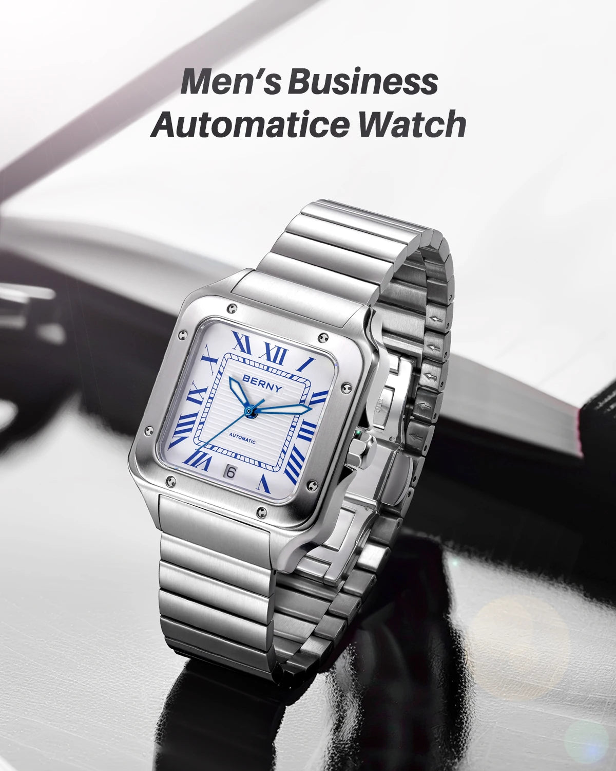 BERNY Automatic Men Watch Tank Stainless Steel Watch Miyota 8215 Mechanical Wristwatch AR Sapphire Luminous 10ATM Men Watches