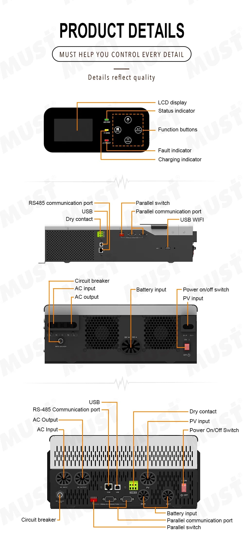 MUST PV1800 PH1800 PRO 450V 5.2KW 48V On Off Grid Hybrid Solar Inverter PV Input 6000W  MPPT 100A Charger SUB Mode