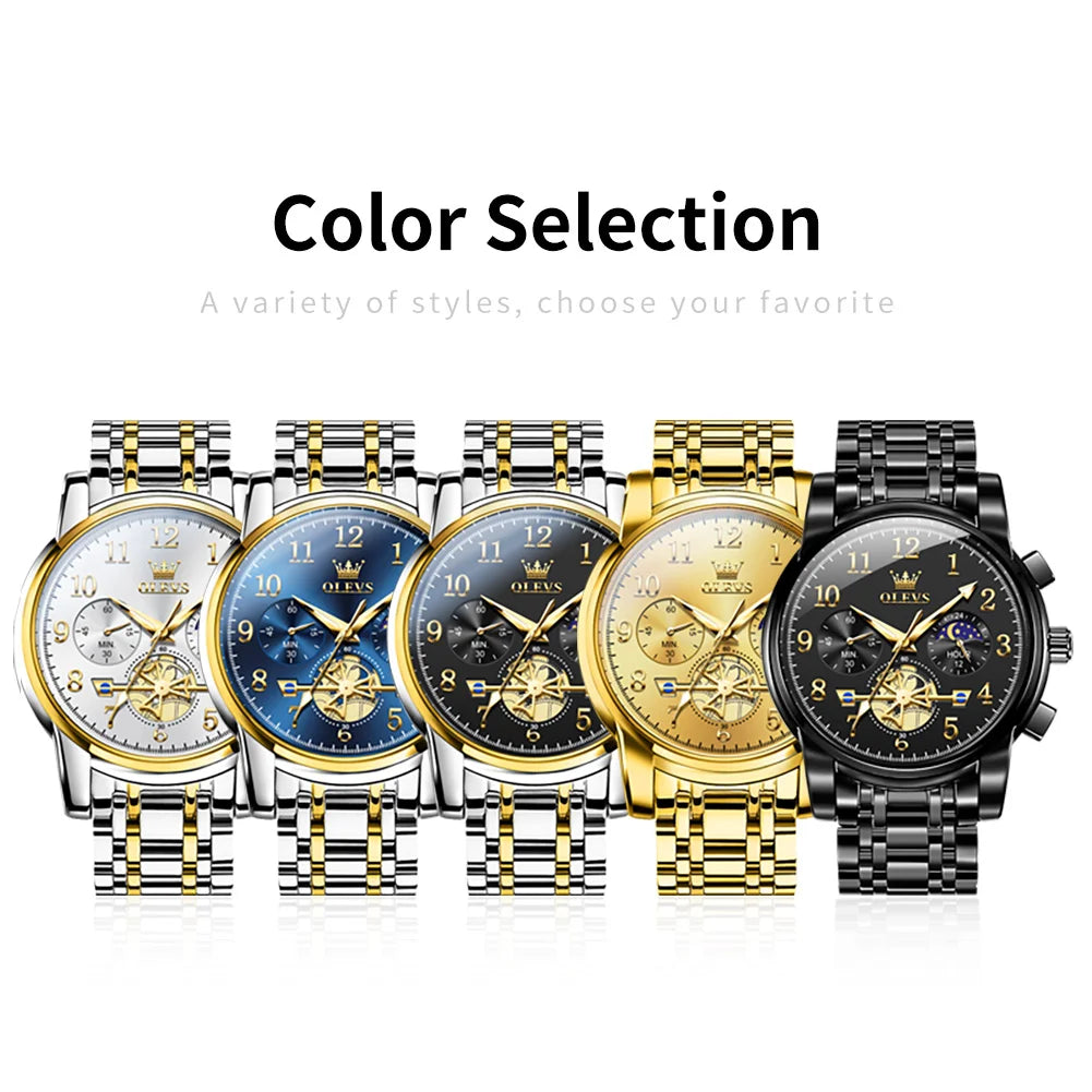 Original OLEVS Brand Quartz Watch for Men Moon Phase Auto Date Stainless Steel Waterpoof Wristwatch Men TOP Brand Business Watch