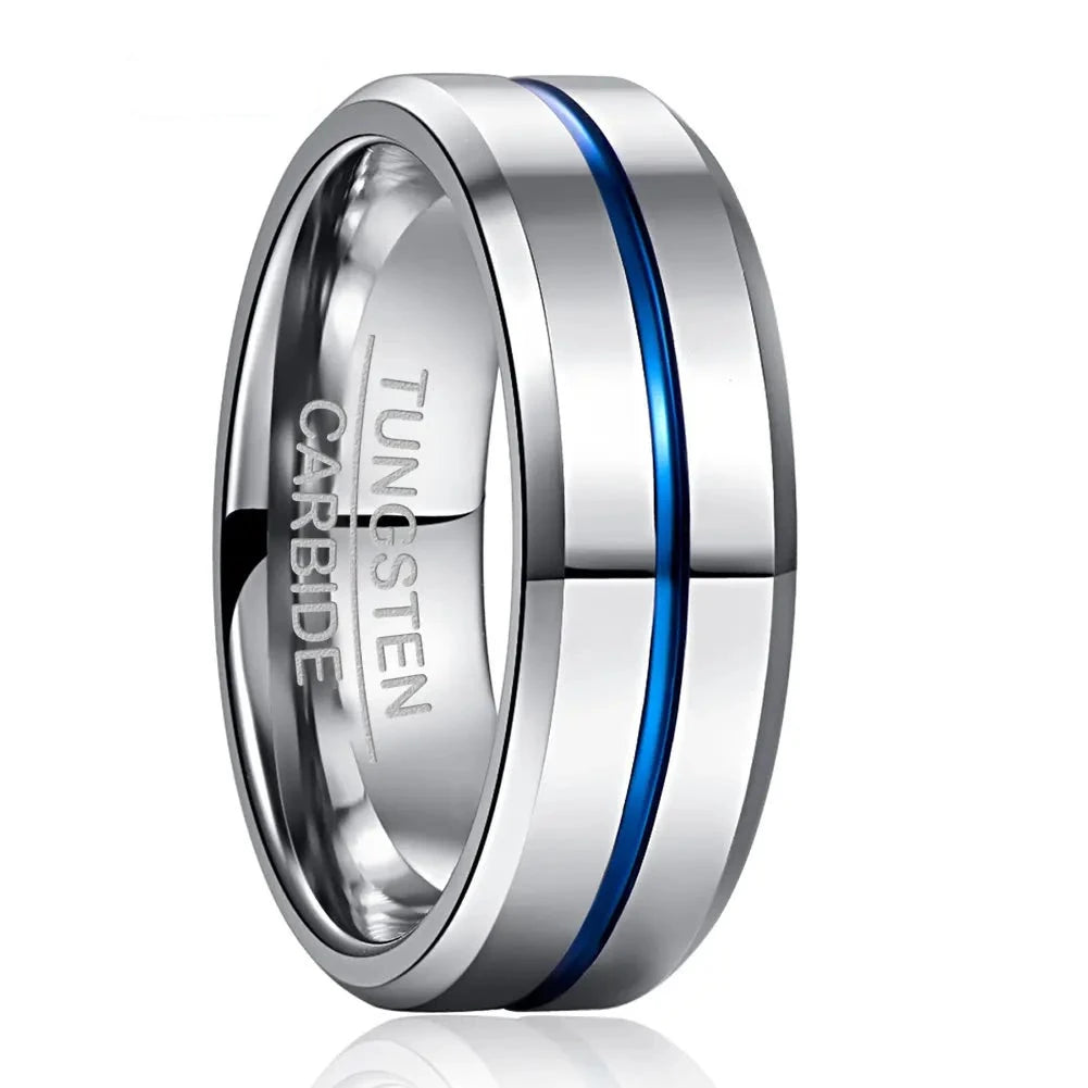 Width Tungsten Carbide Ring Thick Steel Color Full Polished Blue Groove with Angled Men's Ring T185R