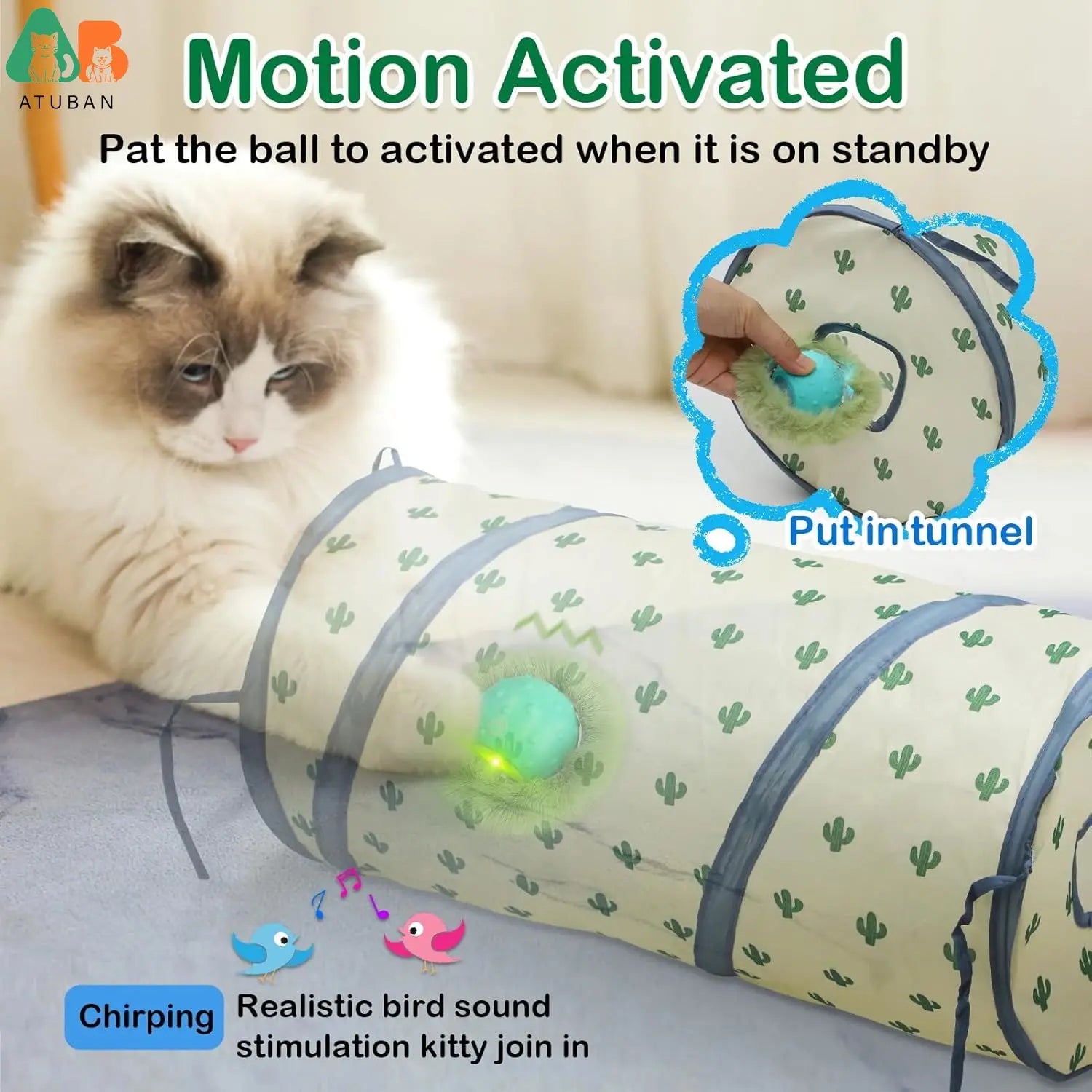 Cat Toys for Indoor Cats, Electric Cat Ball Fast Rolling in Pouch,Motion Activated Chirping Cat Toy,Hide and Seek Cat Toy